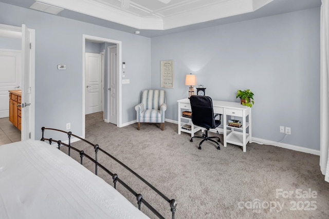10792 Elsfield Ave NW, Concord, NC 28027 - bedroom with a tray ceiling, carpet, baseboards, crown molding, and an office area