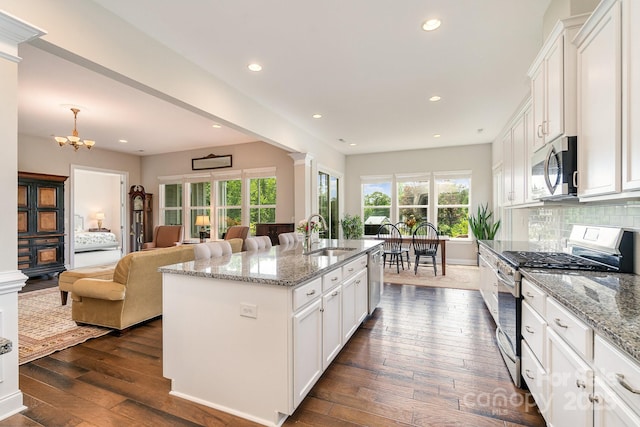 10016 St Kitts Landing Ln, Charlotte, NC 28278 - kitchen with appliances with stainless steel finishes, a sink, dark wood finished floors, plenty of natural light, and recessed lighting