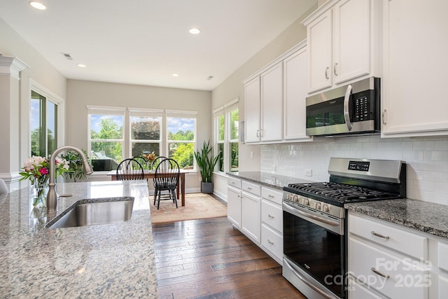 10016 St Kitts Landing Ln, Charlotte, NC 28278 - kitchen with appliances with stainless steel finishes, a sink, white cabinetry, tasteful backsplash, and light stone counters