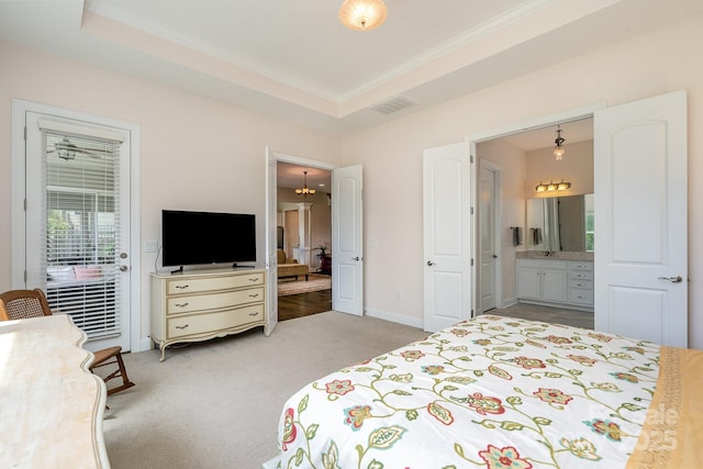 10016 St Kitts Landing Ln, Charlotte, NC 28278 - carpeted bedroom with ensuite bathroom, ornamental molding, access to outside, and baseboards