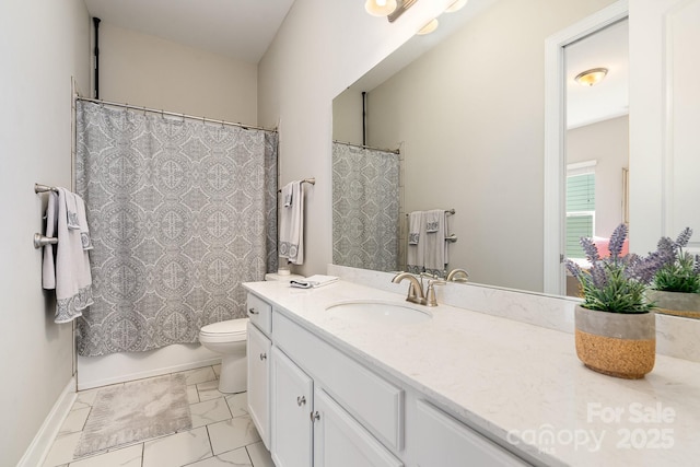 10016 St Kitts Landing Ln, Charlotte, NC 28278 - bathroom featuring vanity, toilet, marble look tile flooring, and a shower with shower curtain