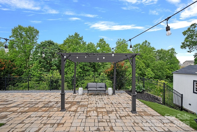 7331 Millstone Cir SW, Concord, NC 28025 - fenced backyard featuring a pergola, a patio area, and an outdoor hangout area