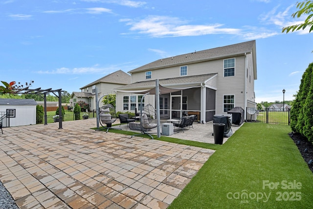 7331 Millstone Cir SW, Concord, NC 28025 - back of property with a patio area, a pergola, outdoor lounge area, and a sunroom