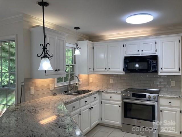 2222 Raven Dr, Rock Hill, SC 29732 - kitchen with black microwave, electric stove, a sink, ornamental molding, and light stone counters