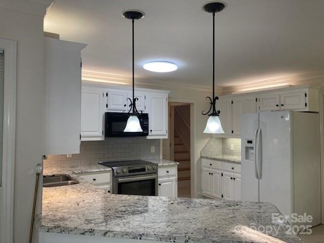 2222 Raven Dr, Rock Hill, SC 29732 - kitchen featuring black microwave, white fridge with ice dispenser, stainless steel electric stove, tasteful backsplash, and a sink