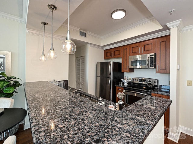 300 W 5th St Unit 723, Charlotte, NC 28202 - kitchen with stainless steel appliances, dark wood-style floors, baseboards, a peninsula, and ornamental molding