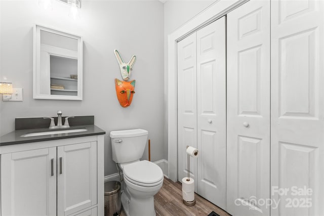 509 N Oak St, Lincolnton, NC 28092 - bathroom with a closet, vanity, wood finished floors, and toilet