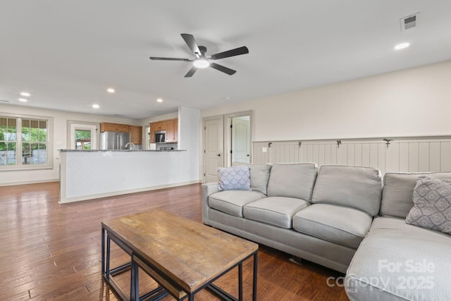632 Skyland Dr N, Mount Pleasant, NC 28124 - living room with a ceiling fan, dark wood-style flooring, recessed lighting, and baseboards