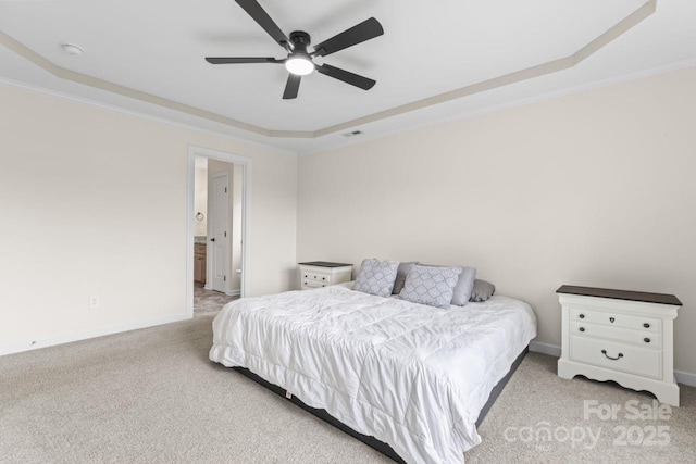 632 Skyland Dr N, Mount Pleasant, NC 28124 - bedroom featuring a raised ceiling, light carpet, crown molding, baseboards, and a ceiling fan
