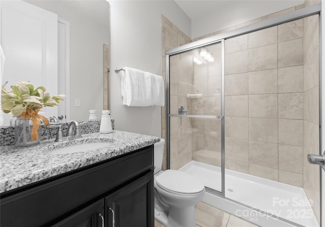 2236 Prairie Rd, Concord, NC 28027 - bathroom with a shower stall, vanity, toilet, and tile patterned flooring