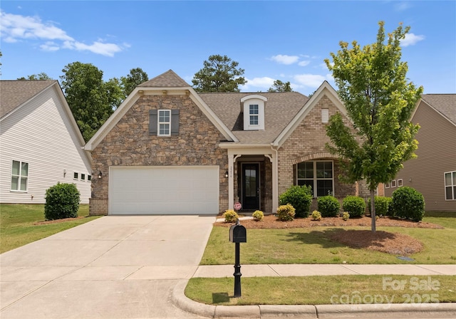 2236 Prairie Rd, Concord, NC 28027 - view of front of house with a front yard, driveway, a shingled roof, brick siding, and a garage