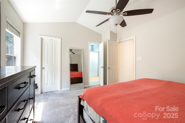 16121 Wrights Ferry Rd, Charlotte, NC 28278 - bedroom featuring light carpet, lofted ceiling, a ceiling fan, and baseboards