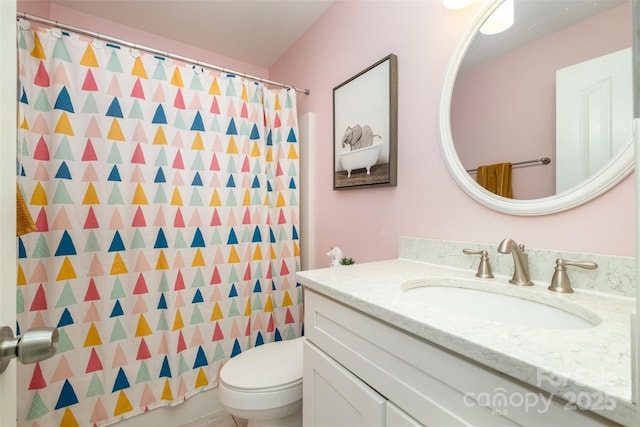 16121 Wrights Ferry Rd, Charlotte, NC 28278 - bathroom with vanity, toilet, and a shower with shower curtain