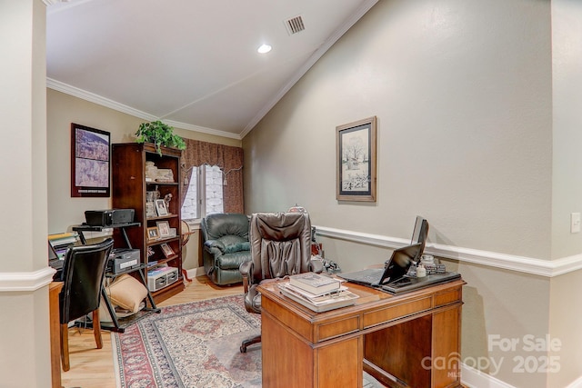 274 Slippery Rock Rd, Waynesville, NC 28785 - home office with vaulted ceiling, light wood-type flooring, crown molding, and baseboards