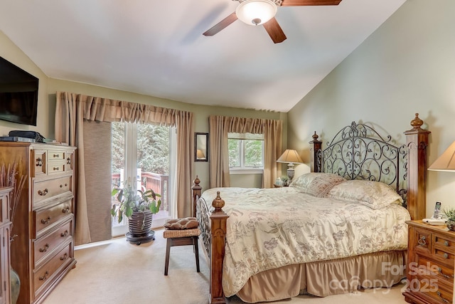 274 Slippery Rock Rd, Waynesville, NC 28785 - bedroom with light colored carpet, access to outside, lofted ceiling, and a ceiling fan