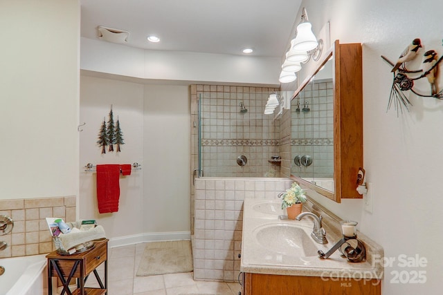 274 Slippery Rock Rd, Waynesville, NC 28785 - full bathroom featuring a bath, double vanity, tile patterned floors, and a tile shower