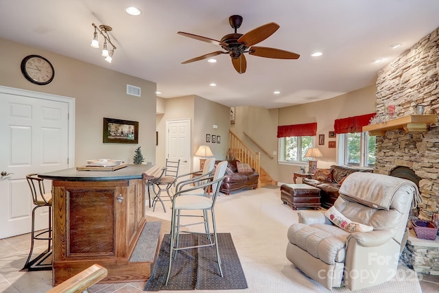 274 Slippery Rock Rd, Waynesville, NC 28785 - living area with stairway, a ceiling fan, recessed lighting, and a fireplace