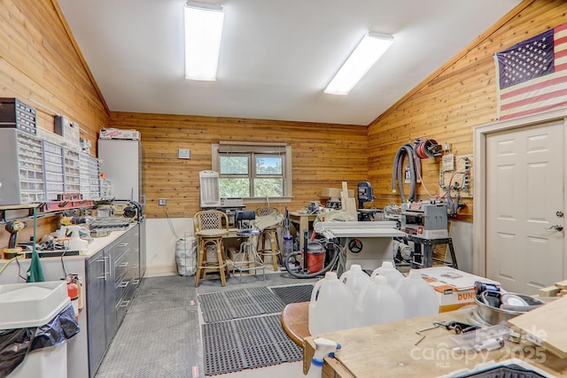 274 Slippery Rock Rd, Waynesville, NC 28785 - office with lofted ceiling, wood walls, and a workshop area