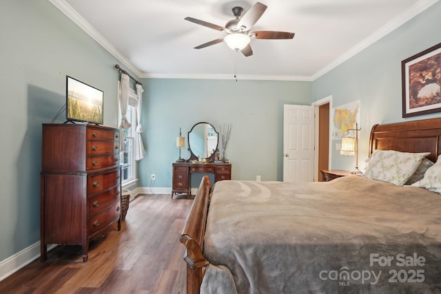 134 Lake Spring Loop, Mooresville, NC 28117 - bedroom with ornamental molding, wood finished floors, baseboards, and a ceiling fan