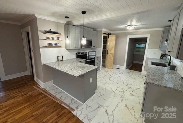 410 Gann St, Lowell, NC 28098 - kitchen featuring appliances with stainless steel finishes, a sink, ornamental molding, baseboards, and open shelves