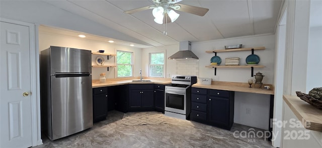 6140 Barclay Ln, Clover, SC 29710 - kitchen featuring appliances with stainless steel finishes, wall chimney exhaust hood, open shelves, a sink, and a ceiling fan