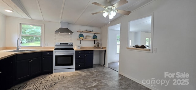 6140 Barclay Ln, Clover, SC 29710 - kitchen with wall chimney range hood, stainless steel electric range, a sink, dark cabinetry, and light countertops