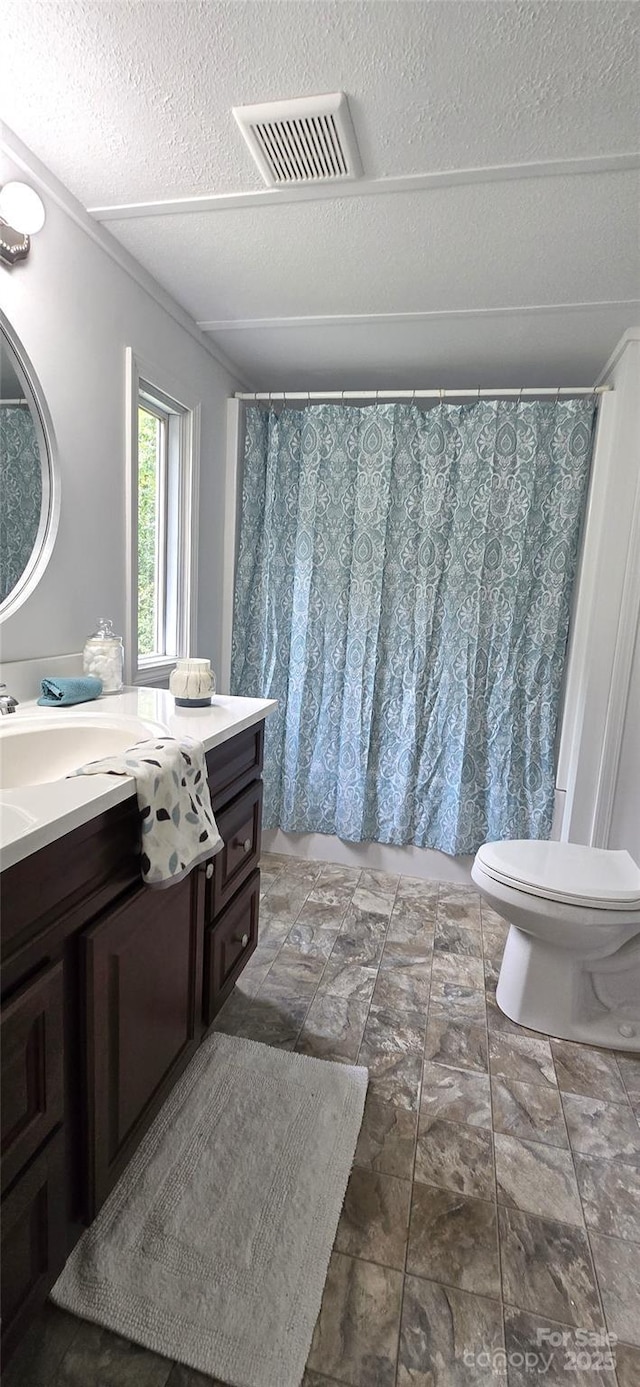 6140 Barclay Ln, Clover, SC 29710 - full bathroom featuring a textured ceiling, vanity, toilet, and stone finish floors