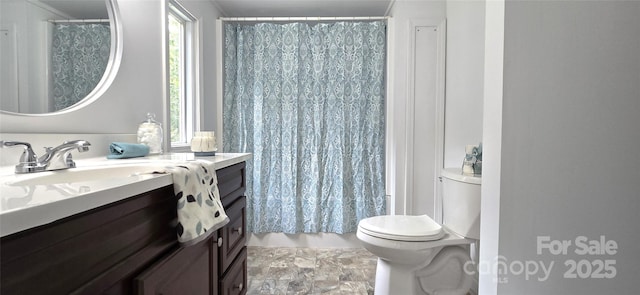 6140 Barclay Ln, Clover, SC 29710 - bathroom featuring vanity, toilet, stone finish flooring, and a shower with shower curtain