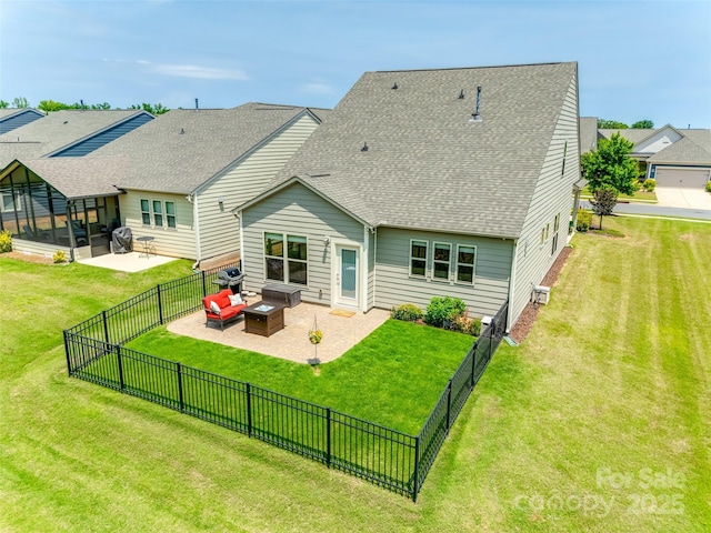 4511 Middlebury Ln, Fort Mill, SC 29715 - rear view of house with roof with shingles, a patio area, outdoor lounge area, and a sunroom