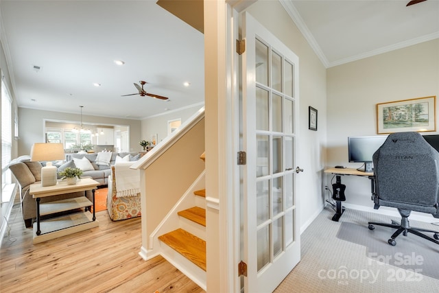 4511 Middlebury Ln, Fort Mill, SC 29715 - stairs featuring crown molding, ceiling fan, recessed lighting, baseboards, and wood finished floors