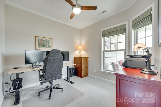 4511 Middlebury Ln, Fort Mill, SC 29715 - office space with light carpet, ornamental molding, baseboards, and a ceiling fan