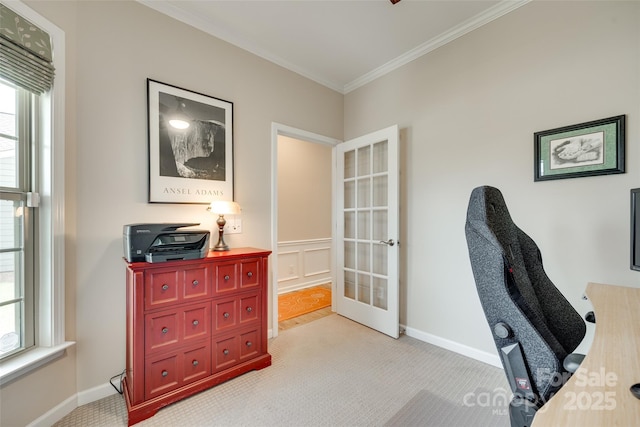 4511 Middlebury Ln, Fort Mill, SC 29715 - office featuring light carpet, crown molding, plenty of natural light, french doors, and baseboards