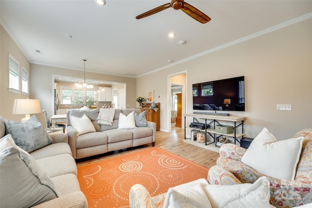 4511 Middlebury Ln, Fort Mill, SC 29715 - living room featuring wood finished floors, a ceiling fan, ornamental molding, recessed lighting, and baseboards