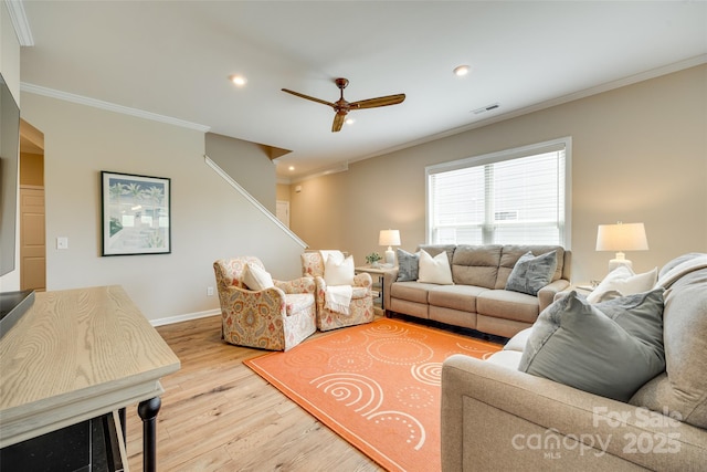 4511 Middlebury Ln, Fort Mill, SC 29715 - living area featuring wood finished floors, ornamental molding, a ceiling fan, baseboards, and recessed lighting