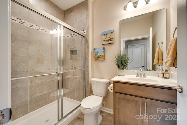 4511 Middlebury Ln, Fort Mill, SC 29715 - bathroom featuring toilet, vanity, a stall shower, baseboards, and tile patterned floors