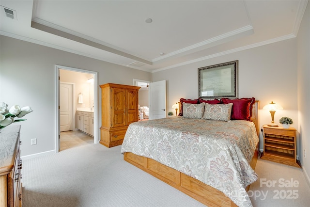 4511 Middlebury Ln, Fort Mill, SC 29715 - bedroom with a tray ceiling, light carpet, baseboards, ornamental molding, and ensuite bathroom