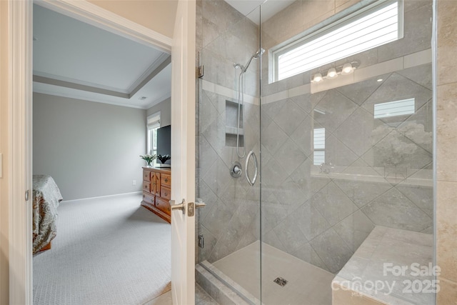 4511 Middlebury Ln, Fort Mill, SC 29715 - full bathroom with a shower stall, ornamental molding, ensuite bath, and baseboards