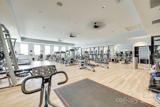 4511 Middlebury Ln, Fort Mill, SC 29715 - gym with wood finished floors, attic access, and ceiling fan