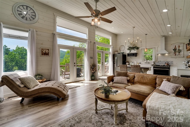 354 Ivy Ridge Cir, Sylva, NC 29779 - living area with wooden ceiling, recessed lighting, wood finished floors, french doors, and a ceiling fan