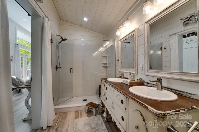 354 Ivy Ridge Cir, Sylva, NC 29779 - bathroom featuring wood finished floors, lofted ceiling, double vanity, a stall shower, and wood ceiling