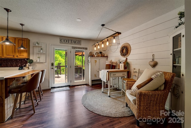 354 Ivy Ridge Cir, Sylva, NC 29779 - living room featuring dark wood finished floors, a textured ceiling, and wood walls