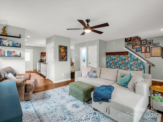 725 Center St, Asheville, NC 28803 - living room featuring ceiling fan, wood finished floors, baseboards, recessed lighting, and stairs