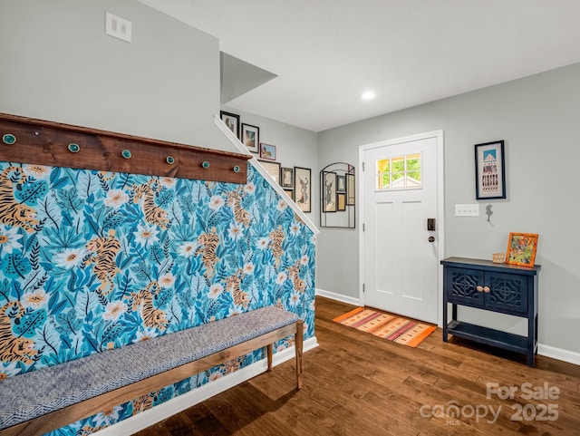 725 Center St, Asheville, NC 28803 - entrance foyer with wood finished floors, baseboards, recessed lighting, and stairway