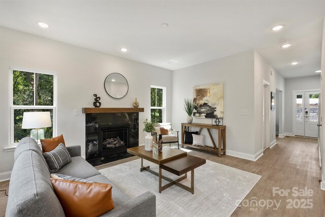 126 Meadow Glen Dr, Troutman, NC 28166 - living room featuring baseboards, a high end fireplace, recessed lighting, and wood finished floors