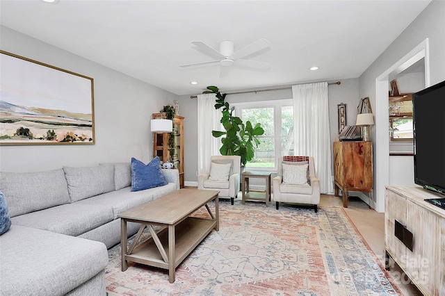5929 Brookhaven Rd, Charlotte, NC 28210 - living room with a ceiling fan, recessed lighting, baseboards, and light colored carpet