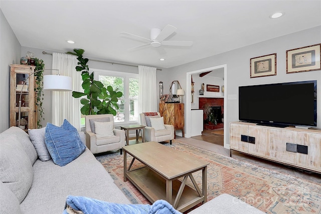 5929 Brookhaven Rd, Charlotte, NC 28210 - living area with a ceiling fan, recessed lighting, a fireplace, and wood finished floors