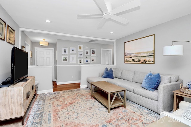 5929 Brookhaven Rd, Charlotte, NC 28210 - living area featuring recessed lighting, wood finished floors, ceiling fan, and baseboards