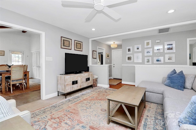 5929 Brookhaven Rd, Charlotte, NC 28210 - living room featuring ceiling fan, recessed lighting, and baseboards