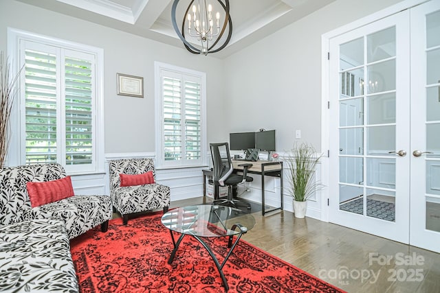 424 Cassia Ct, Fort Mill, SC 29708 - office space with a chandelier, wood finished floors, coffered ceiling, beamed ceiling, and french doors