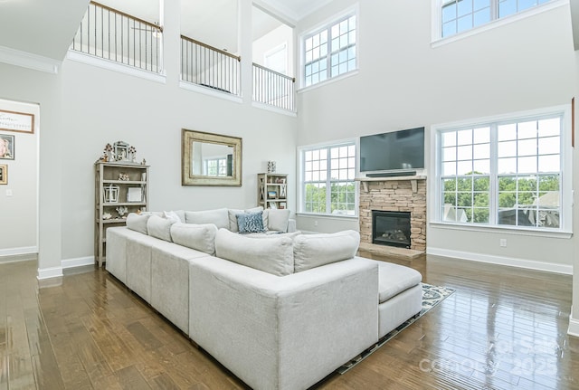424 Cassia Ct, Fort Mill, SC 29708 - living area featuring hardwood / wood-style flooring, baseboards, a high ceiling, crown molding, and a stone fireplace